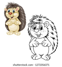 Colored and Black and White Vector Illustration of a Happy Hedgehog. Cute Cartoon Hedgehog Isolated on a White Background Coloring Page. Happy Animals Coloring Book for Children