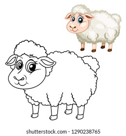 Colored and Black and White Vector Illustration of a Happy Sheep. Cute Cartoon Lamb Isolated on a White Background Coloring Page. Happy Animals Coloring Book for Children