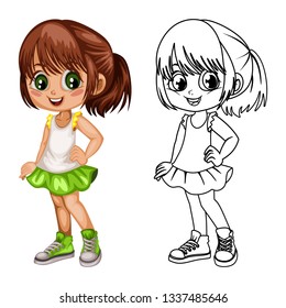 Colored and Black and White Vector Illustration of a Happy Little Girl. Beautiful Girl Isolated on a White Background Coloring Page. Happy Children Coloring Book for Children