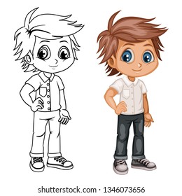 Colored and Black and White Vector Illustration of a Happy Little Boy. Handsome Boy Isolated on a White Background Coloring Page. Happy Children Coloring Book for Children
