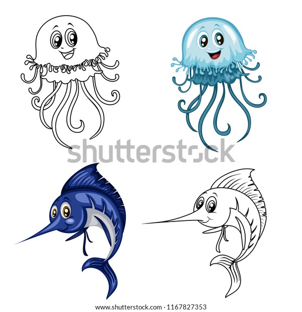 Colored Black White Vector Illustration Jellyfish Stock