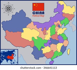 Colored Blank Map of China with Flag