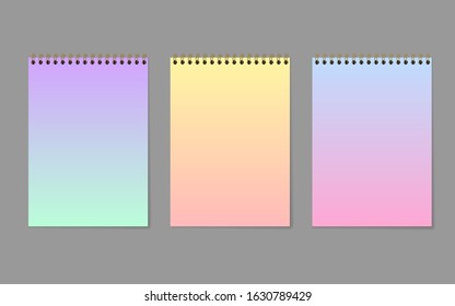 Colored blank notepad sheets. Grident Notebook. Isolation vector objects on gray background.
