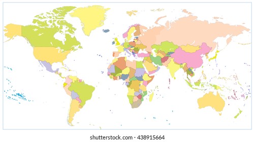 Colored blank political World Map isolated on white. All layers are separated in editable layers clearly labeled.