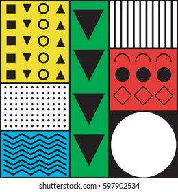 Colored blocks in the memphis style. Fashion 80's 90's. Geometric pattern for printing fabric and paper. Design background elements. Journal, advertisement, billboard, cover.