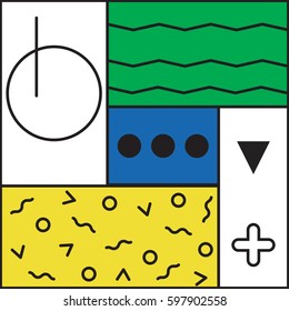 Colored blocks in the style of Memphis. Retro abstracts, Fashion 80s 90s. Flat geometric pattern. Design of background elements for printing in magazines, advertising, billboards, covers.