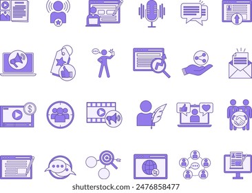 Colored Blogger Icon Set. Vector Icon Social Media, Digital Marketing, Influencer, Monetization, Podcasting, Website, Blogging, Niche, Branding, Comments, and Other