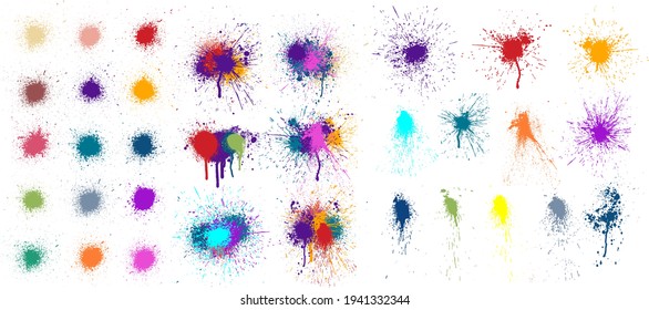 Colored blots, paint drops and splashes isolated on white background. Paint splatter, stains set, compositions of spots. Colorful splash and drip design. Watercolor spots. Vector set grunge design