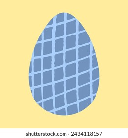 Colored blue Easter egg vector illustration. Modern textured egg shape decorated with hand painted checkerboards on yellow background. Trendy simple Happy Easter poster, card design. Egg hunt icon
