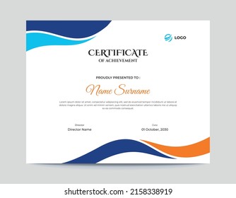 Diseño de certificado de ondas azul y naranja de color