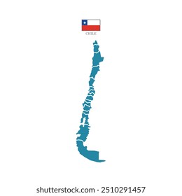 Colored (blue) silhouette map of Chile with the outline of regions. Vector illustration with a flag.