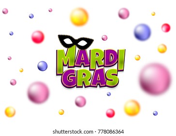 Colored blurred pearls shimmer random falling. Comics text black mask isolated. Mardi Gras - Fat Tuesday carnival carnival in a French-speaking country. Comic book cartoon vector illustration pop art.
