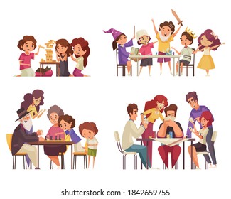 Colored board games icon set with four different games chess poker fairy tale and jenga vector illustration