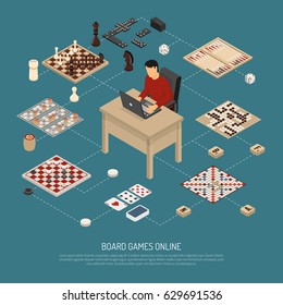 Colored board games online composition with guy who is sitting at the computer and playing vector illustration