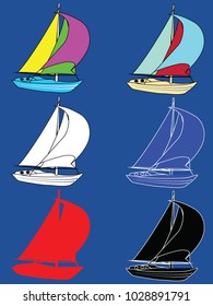 Colored boats on a blue background. Vector image.