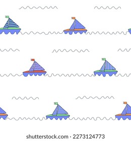 Colored boats in the sea seamless pattern. Ships on the waves repeated ornament. Different textures sails. Vector illustration for textile, fabric, wallpaper, kids stuff, nursery, background, wrapper.