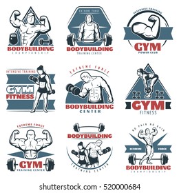 Colored body building emblem set with extreme force gym training center bodybuilding championship descriptions vector illustration