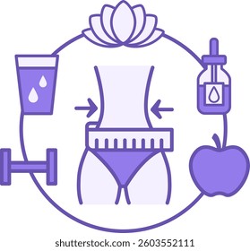 Colored Body Care Icon. Vector Illustration. Human Figure with Measuring Tape. Dumbbell, Glass of Water, Lotus Flower, Face Serum, and Apple. Healthy Lifestyle. Nutrition Concept