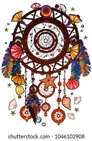 Colored bohemian vector Dreamcatcher with gemstones and feathers. Ethnic illustration with native American Indian chic design, mystery ethnic tribal print, gypsy ornament, dream catcher. 