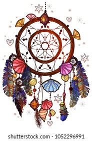 Colored bohemian vector Dreamcatcher with gemstones and feathers. Ethnic illustration with native American Indian chic design, mystery ethnic tribal print, gypsy ornament, dream catcher.