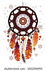 Colored bohemian vector Dreamcatcher with gemstones and feathers. Ethnic illustration with native American Indian chic design, mystery ethnic tribal print, gypsy ornament, dream catcher.