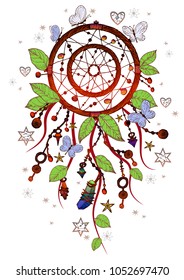 Colored bohemian vector Dreamcatcher with gemstones and feathers. Ethnic illustration with native American Indian chic design, mystery ethnic tribal print, gypsy ornament, dream catcher.