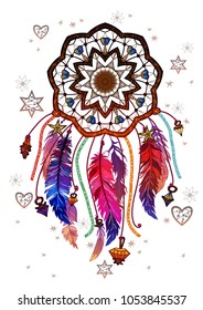 Colored bohemian vector Dreamcatcher with gemstones and feathers. Ethnic illustration with native American Indian chic design, mystery ethnic tribal print, gypsy ornament, dream catcher.