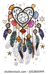 Colored bohemian vector Dreamcatcher with gemstones and feathers. Ethnic illustration with native American Indian chic design, mystery ethnic tribal print, gypsy ornament, dream catcher.