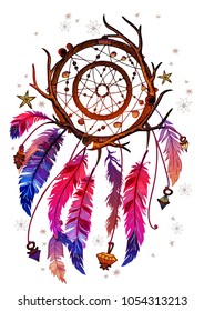 Colored bohemian vector Dreamcatcher with gemstones and feathers. Ethnic illustration with native American Indian chic design, mystery ethnic tribal print, gypsy ornament, dream catcher.