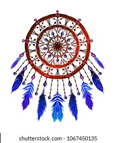 Colored bohemian vector Mandala Dreamcatcher with gemstones and feathers. Ethnic illustration with native American Indian chic design, mystery ethnic tribal print, gypsy ornament, dream catcher.