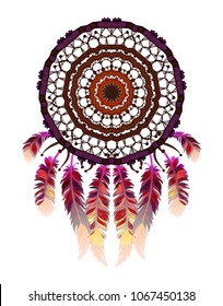 Colored bohemian vector Mandala Dreamcatcher with gemstones and feathers. Ethnic illustration with native American Indian chic design, mystery ethnic tribal print, gypsy ornament, dream catcher.