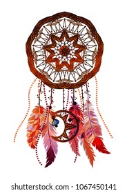 Colored bohemian vector Mandala Dreamcatcher with gemstones and feathers. Ethnic illustration with native American Indian chic design, mystery ethnic tribal print, gypsy ornament, dream catcher.