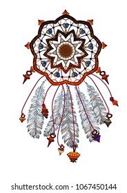 Colored bohemian vector Mandala Dreamcatcher with gemstones and feathers. Ethnic illustration with native American Indian chic design, mystery ethnic tribal print, gypsy ornament, dream catcher.