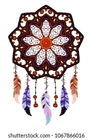 Colored bohemian vector Mandala Dreamcatcher with gemstones and feathers. Ethnic illustration with native American Indian chic design, mystery ethnic tribal print, gypsy ornament, dream catcher.