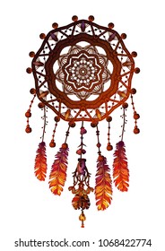 Colored bohemian vector Mandala Dreamcatcher with gemstones and feathers. Ethnic illustration with native American Indian chic design, mystery ethnic tribal print, gypsy ornament, dream catcher.
