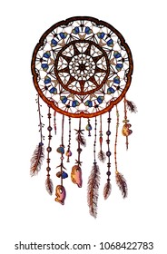 Colored bohemian vector Mandala Dreamcatcher with gemstones and feathers. Ethnic illustration with native American Indian chic design, mystery ethnic tribal print, gypsy ornament, dream catcher.