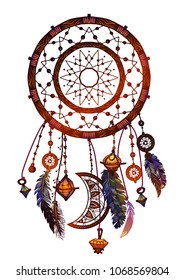 Colored bohemian vector Mandala Dreamcatcher with gemstones and feathers. Ethnic illustration with native American Indian chic design, mystery ethnic tribal print, gypsy ornament, dream catcher.