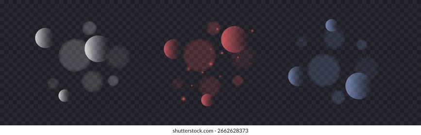 Coleção bokeh colorida. Efeito de luz de desfoque branco abstrato. Modelo de sobreposição vermelho borrado para cartão cristais, banner. Efeito de bokeh de luz vetorial com pequenas faíscas, ilustração vetorial.