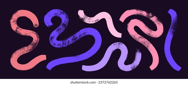 Colored bold curved lines and squiggles vector collection. Hand drawn design banner with wavy brush strokes. Biological rough smears, organic shapes. Creative abstract collage shapes and bold lines.
