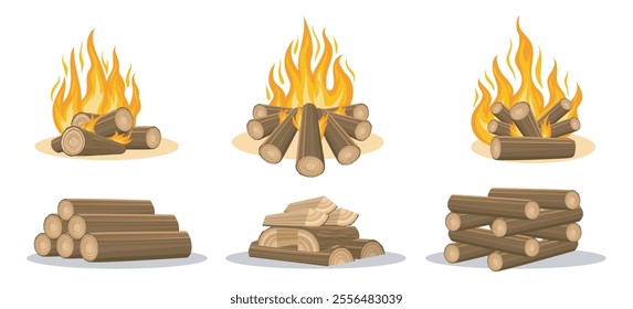 Colored bonfire firewood. Burning bonfire and stacks of firewood set isolated vector illustration