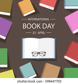 Colored book background flat design. Vector illustration poster international book day