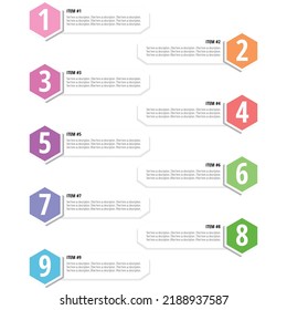 Colored bookmark template in honeycomb shape with numbered paragraphs and descriptions. Available in 9 colors and can be easily repainted. Suitable for website design, presentations and reports.