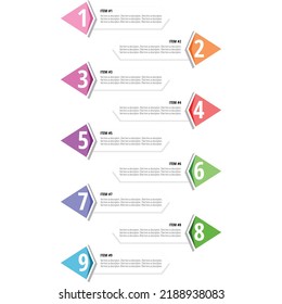 Colored bookmark template in Triangle shape with numbered paragraphs and descriptions. Available in 9 colors and can be easily repainted. Suitable for website design, presentations and reports.