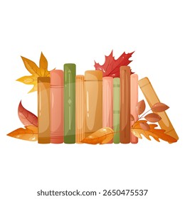 Colored books with autumn leaves. Concept of learning. Book fair, reading club, world book day concept. Vector illustration.