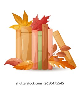 Colored books with autumn leaves. Concept of learning. Book fair, reading club, world book day concept. Vector illustration.