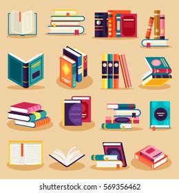 Colored books icons set in flat design style isolated. Open book with bookmarks. Concept for education and study back to school, knowledge, e-book. Vector illustration.