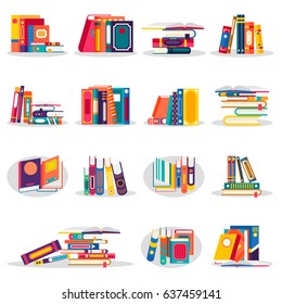 Colored books icons set in flat design style isolated. Open book with bookmarks. Concept for education and study back to school, knowledge, e-book. Vector illustration.