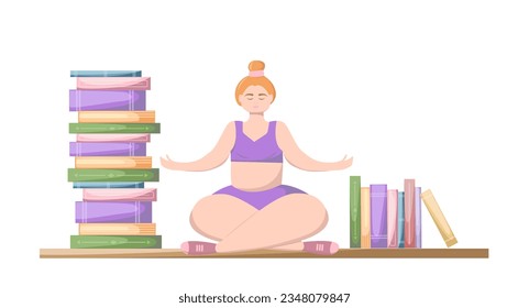 Colored books with plus size girl doing yoga in lotus position. Concept of learning.Meditation, relaxation, balance concept for banner, website design or landing web page. Vector illustration.