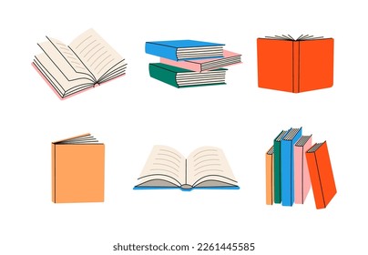 Colored books set. Stacks of textbooks for education. Bookstore, library, book shop symbols. Vector illustration