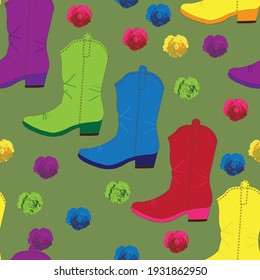 Colored boots and flowers repeat pattern print